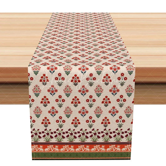 Lofaris Indian Floral Block Print Table Runner Red and Green Vintage Botanical Farmhouse Kitchen Decor