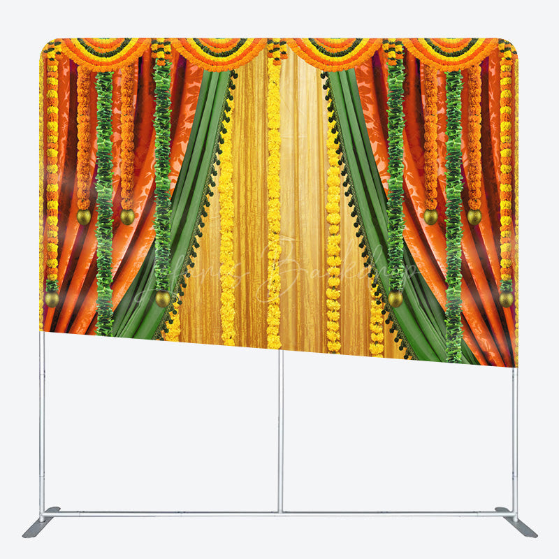Lofaris Indian Pooja Ceremony Tension Fabric Backdrop Traditional Marigold Flower Garland Decor Diwali Haldi Mehendi Wedding Background