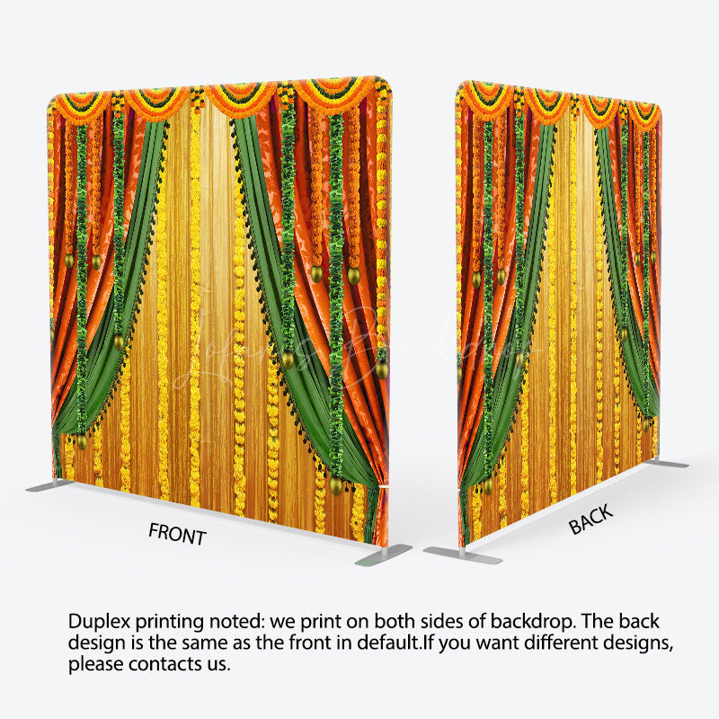 Lofaris Indian Pooja Ceremony Tension Fabric Backdrop Traditional Marigold Flower Garland Decor Diwali Haldi Mehendi Wedding Background