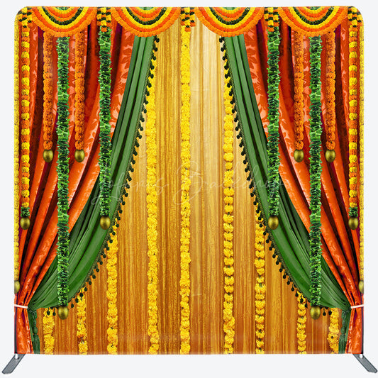 Lofaris Indian Pooja Ceremony Tension Fabric Backdrop Traditional Marigold Flower Garland Decor Diwali Haldi Mehendi Wedding Background