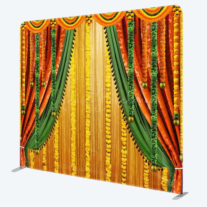 Lofaris Indian Pooja Ceremony Tension Fabric Backdrop Traditional Marigold Flower Garland Decor Diwali Haldi Mehendi Wedding Background