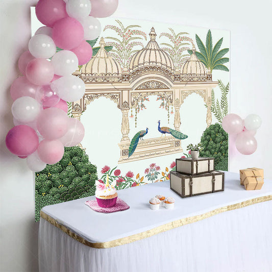 Lofaris Indian Temple Green Plants Peacock Birthday Backdrop