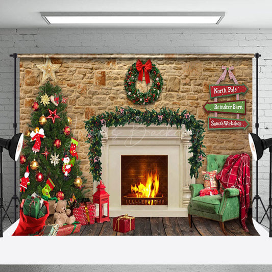 Lofaris Indoor Christmas Scene Lit Fireplace Tree Backdrop