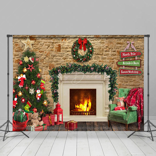 Lofaris Indoor Christmas Scene Lit Fireplace Tree Backdrop