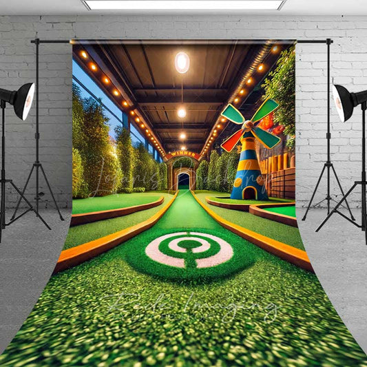 Lofaris Indoor Mini Golf Course Sweep Photography Backdrop with Floor Fun Sports Scenery Windmill Kids Party Photo Prop