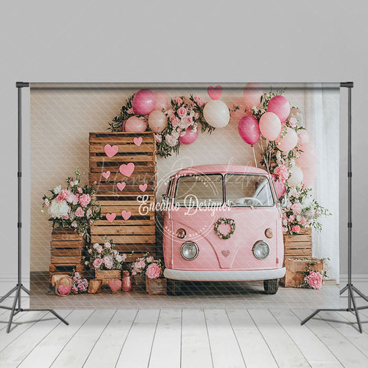 Lofaris Indoor Pink Bus Balloons Wood Romantic Backdrop
