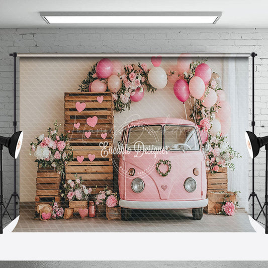 Lofaris Indoor Pink Bus Balloons Wood Romantic Backdrop