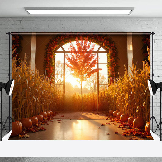 Lofaris Indoor Pumpkins Wheat Floral Autumn Photo Backdrop