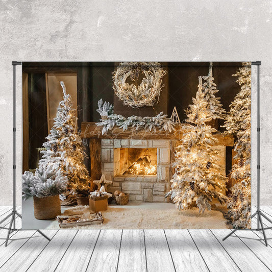 Lofaris Indoor Snowy Trees Warm Fireplace Christmas Backdrop
