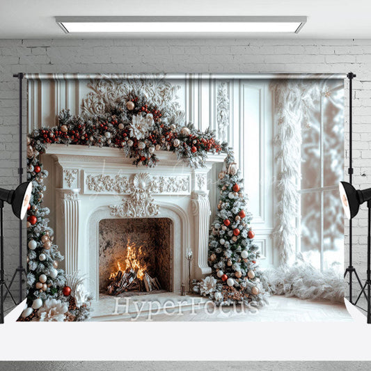 Lofaris Indoor White Luxury Fireplace Christmas Vibe Backdrop