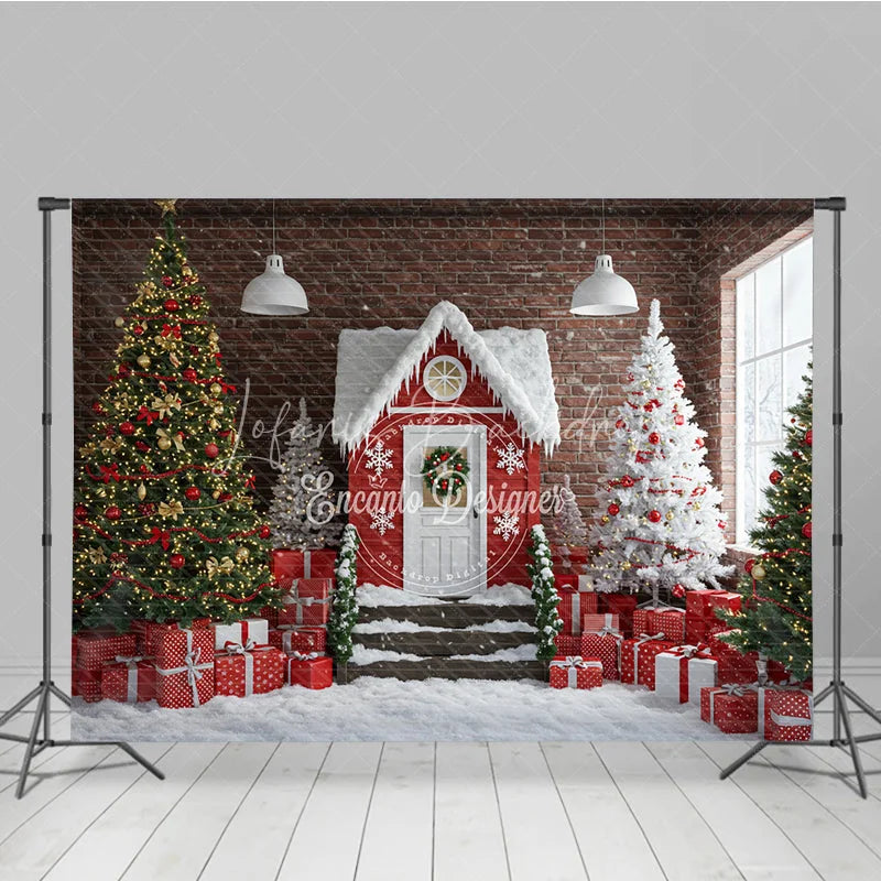Lofaris Industrial Christmas Loft Photography Backdrop Red House with Brick Wall Snowy Holiday Mini Session Background