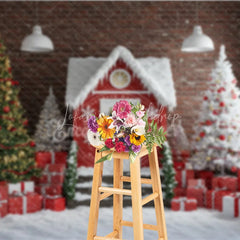 Lofaris Industrial Christmas Loft Photography Backdrop Red House with Brick Wall Snowy Holiday Mini Session Background