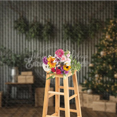 Lofaris Industrial Christmas Photography Backdrop Corrugated Metal Wall with Tree Modern Minimalist Holiday Background