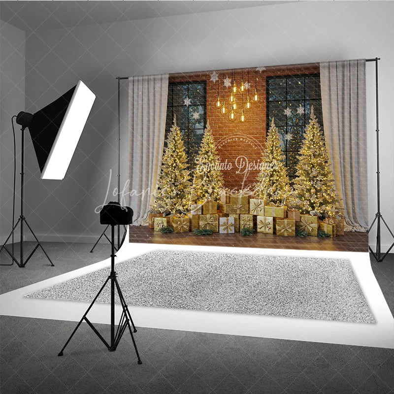 Lofaris Industrial Loft Christmas Photography Backdrop Brick Wall with Gold Trees Modern Holiday Mini Session Background