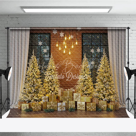 Lofaris Industrial Loft Christmas Photography Backdrop Brick Wall with Gold Trees Modern Holiday Mini Session Background