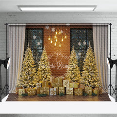 Lofaris Industrial Loft Christmas Photography Backdrop Brick Wall with Gold Trees Modern Holiday Mini Session Background