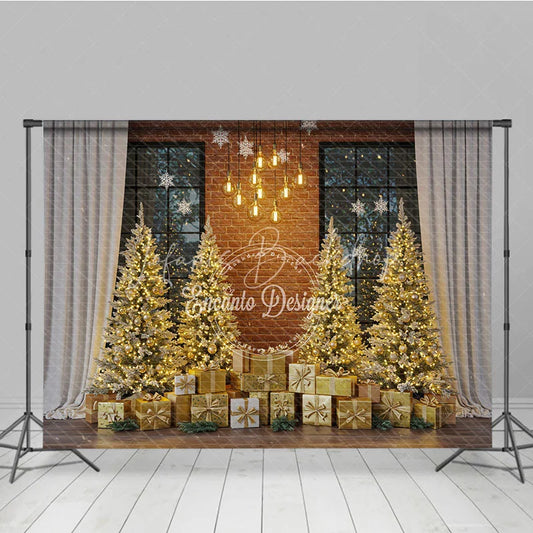 Lofaris Industrial Loft Christmas Photography Backdrop Brick Wall with Gold Trees Modern Holiday Mini Session Background