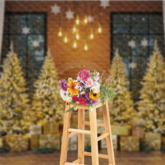 Lofaris Industrial Loft Christmas Photography Backdrop Brick Wall with Gold Trees Modern Holiday Mini Session Background