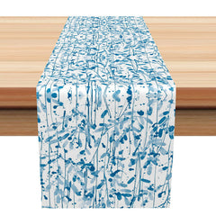 Lofaris Ink Blue Floral and Stripe Table Runner Aesthetic Moody Botanical Design Elegant Romantic Kitchen Decor