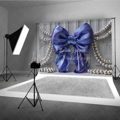 Lofaris Iridescent Blue Bow and Pearl Photography Backdrop Elegant Grey Paneled Wall Design for Studio