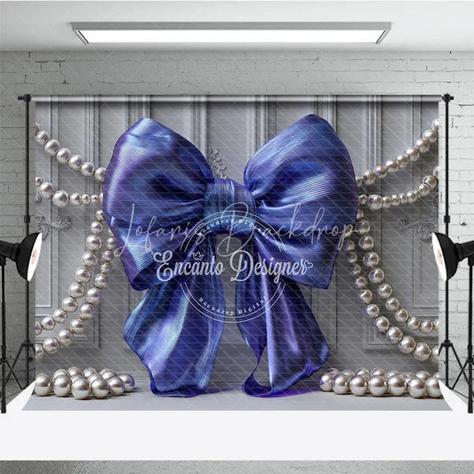 Lofaris Iridescent Blue Bow and Pearl Photography Backdrop Elegant Grey Paneled Wall Design for Studio