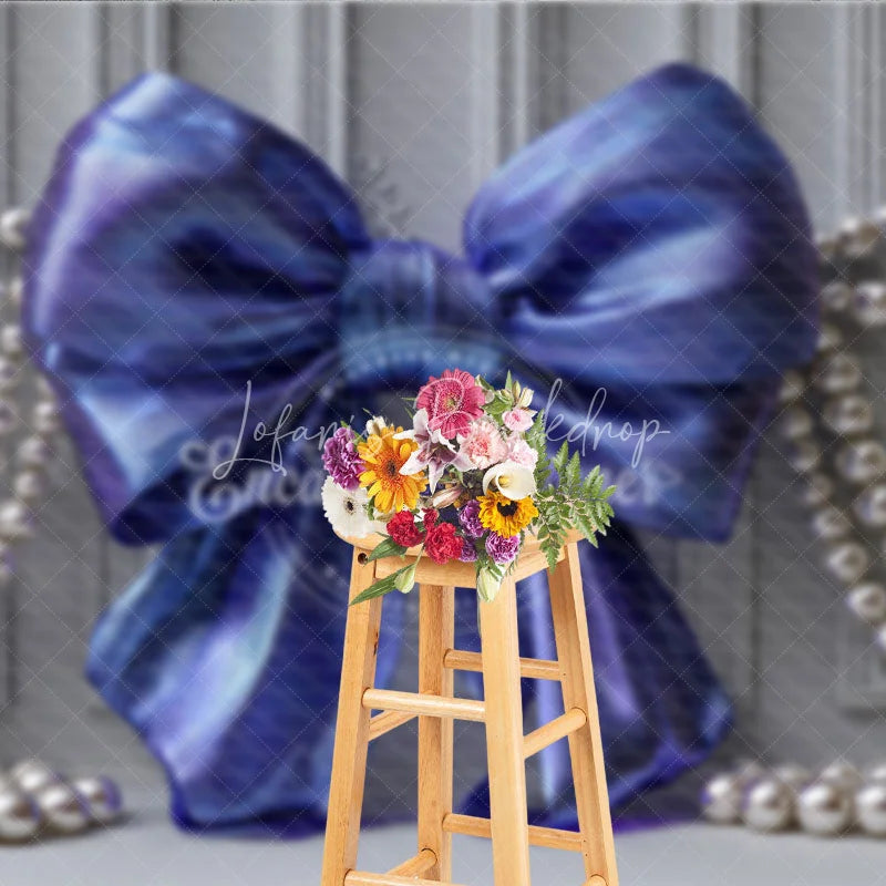 Lofaris Iridescent Blue Bow and Pearl Photography Backdrop Elegant Grey Paneled Wall Design for Studio