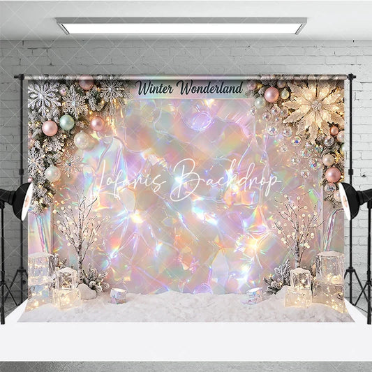 Lofaris Iridescent Holographic Winter Wonderland Photography Backdrop Dreamy Snowflakes and Ornaments Decor