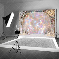 Lofaris Iridescent Holographic Winter Wonderland Photography Backdrop Dreamy Snowflakes and Ornaments Decor