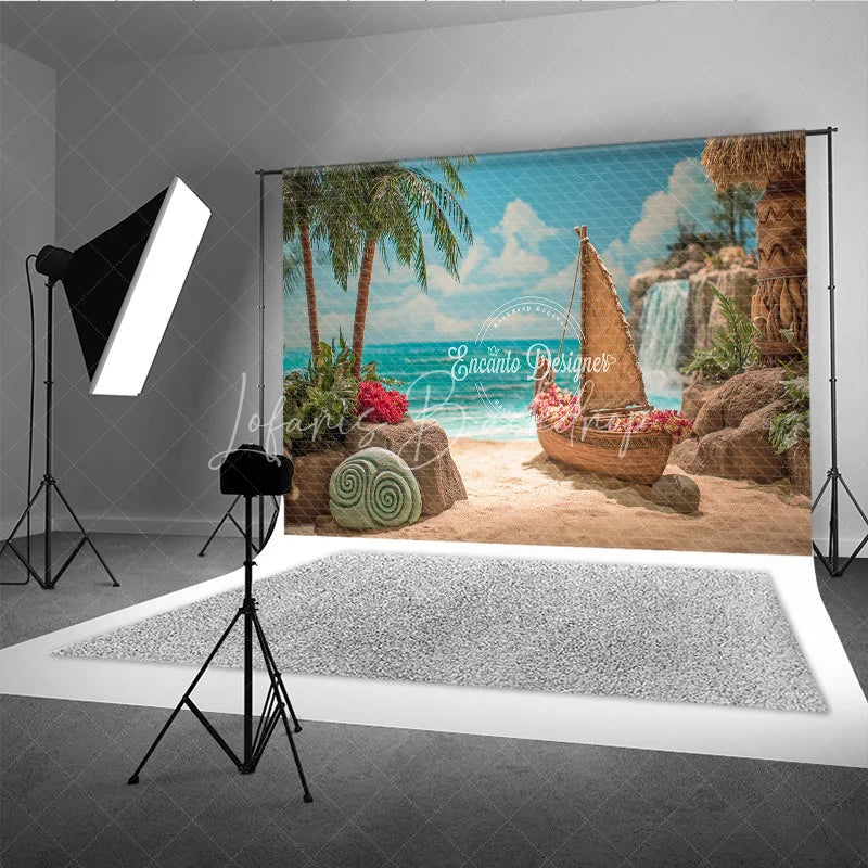 Lofaris Island Beach Backdrop Tropical Voyager Boat Photo Background Ocean Palm Trees Waterfall Party Props for Summer Luau