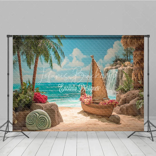 Lofaris Island Beach Backdrop Tropical Voyager Boat Photo Background Ocean Palm Trees Waterfall Party Props for Summer Luau