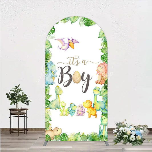 Lofaris It’s a Boy Dinosaur Arch Backdrop for Baby Shower Watercolor Jungle Animals Theme Tropical Dino Party Decor