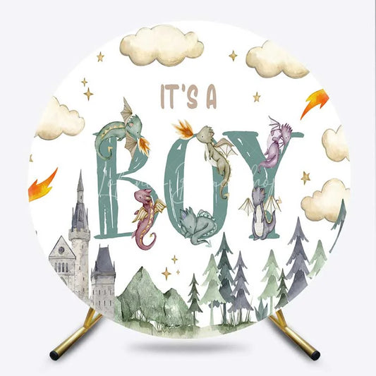 Lofaris Its a Boy Dragon Kingdom Round Backdrop Watercolor Fairytale Castle and Clouds Baby Background