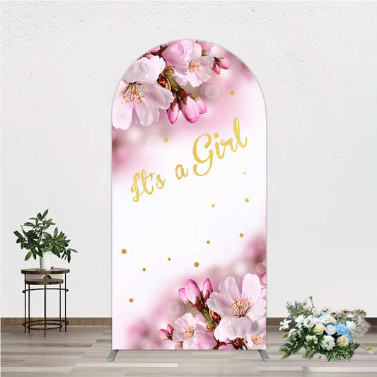 Lofaris It’s a Girl Arch Backdrop for Baby Shower Pink Cherry Blossom and Gold Glitter Spring Floral Welcome Sign Decor