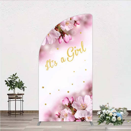 Lofaris It’s a Girl Half Moon Arch Backdrop for Baby Shower Pink Cherry Blossom and Gold Glitter Spring Floral Welcome Sign Decor