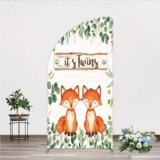 Lofaris It’s Twins Baby Shower Half Moon Arch Backdrop Cute Fox Woodland Animals with Greenery Rustic Welcome Sign Photo Prop