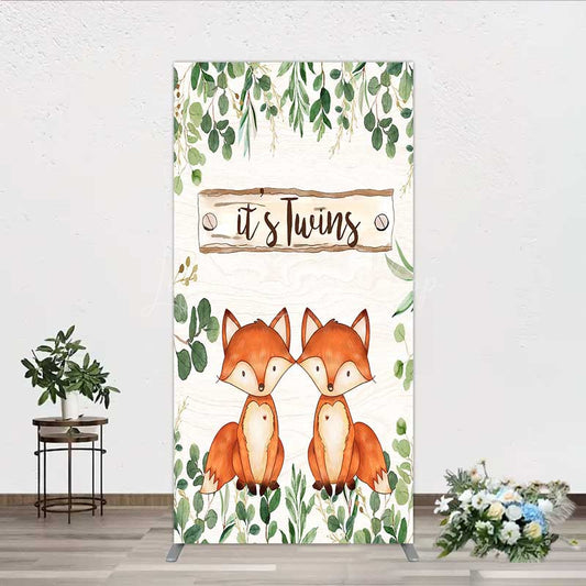 Lofaris It’s Twins Baby Shower Rectangle Backdrop Cute Fox Woodland Animals with Greenery Rustic Welcome Sign Photo Prop