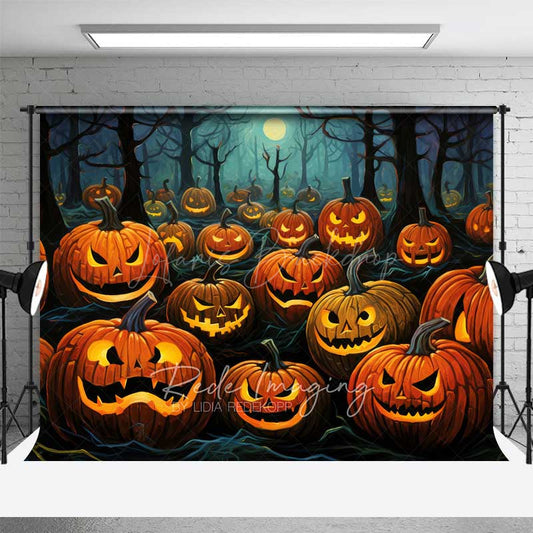 Lofaris Jack O’ Lantern Forest Photography Backdrop Spooky Carved Pumpkins in the Woods Dark Halloween Night Photo Prop