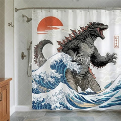 Lofaris Japanese Kaiju Monster Shower Curtain Great Wave Ocean Art Red Sun and Fuji Bathroom Decor