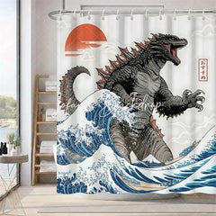 Lofaris Japanese Kaiju Monster Shower Curtain Great Wave Ocean Art Red Sun and Fuji Bathroom Decor