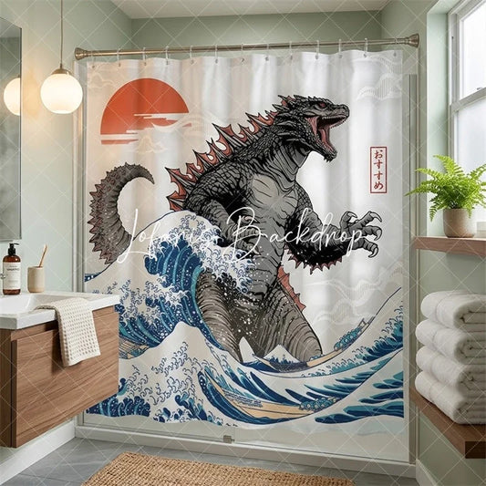 Lofaris Japanese Kaiju Monster Shower Curtain Great Wave Ocean Art Red Sun and Fuji Bathroom Decor