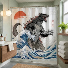 Lofaris Japanese Kaiju Monster Shower Curtain Great Wave Ocean Art Red Sun and Fuji Bathroom Decor