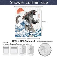 Lofaris Japanese Kaiju Monster Shower Curtain Great Wave Ocean Art Red Sun and Fuji Bathroom Decor