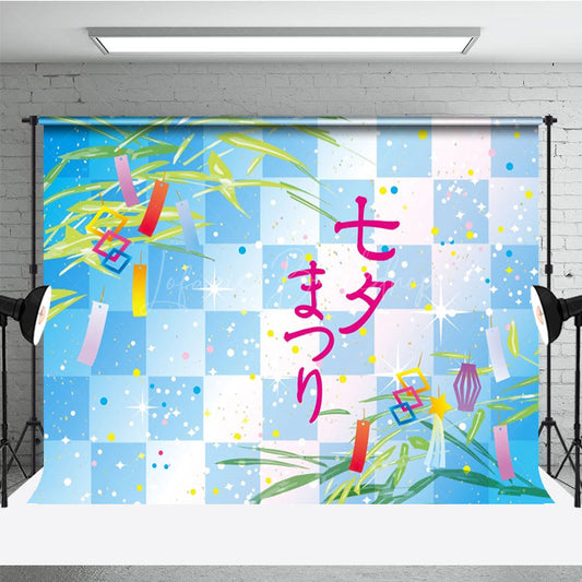 Lofaris Japanese Leaves Blue Plaid Tanabata Festival Backdrop