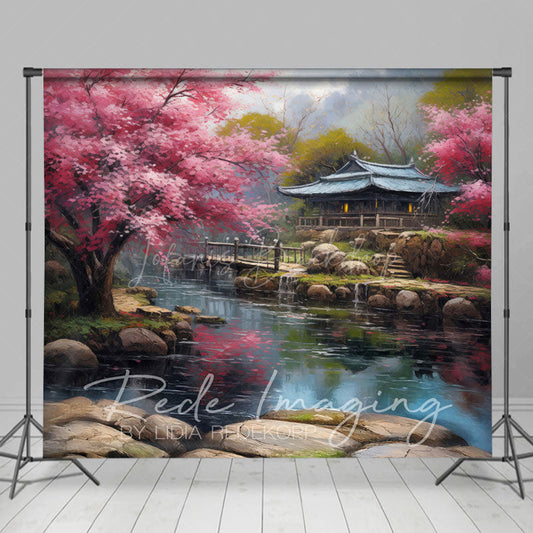 Lofaris Japanese Spring Garden Lake Cabin Photo Backdrop
