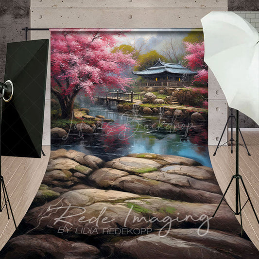 Lofaris Japanese Spring Garden Lake Cabin Sweep Backdrop