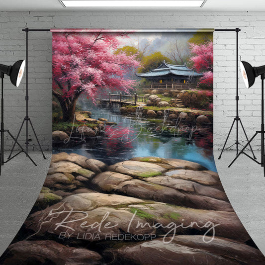 Lofaris Japanese Spring Garden Lake Cabin Sweep Backdrop