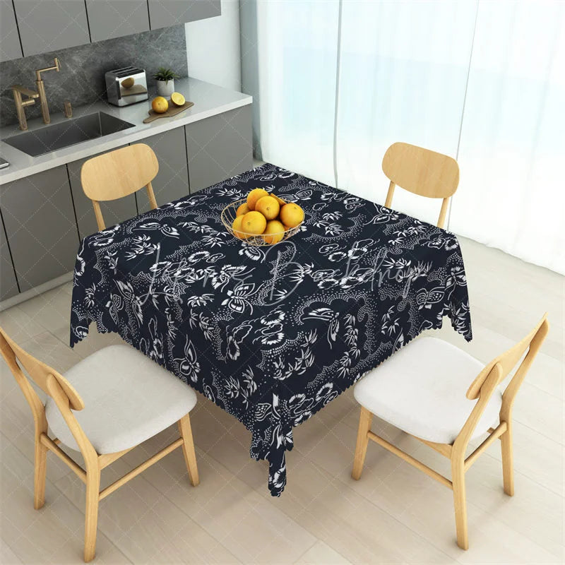 Lofaris Japanese Style White Butterfly and Bamboo Rectangle Tablecloth Navy Blue Oriental Pattern Table Cover