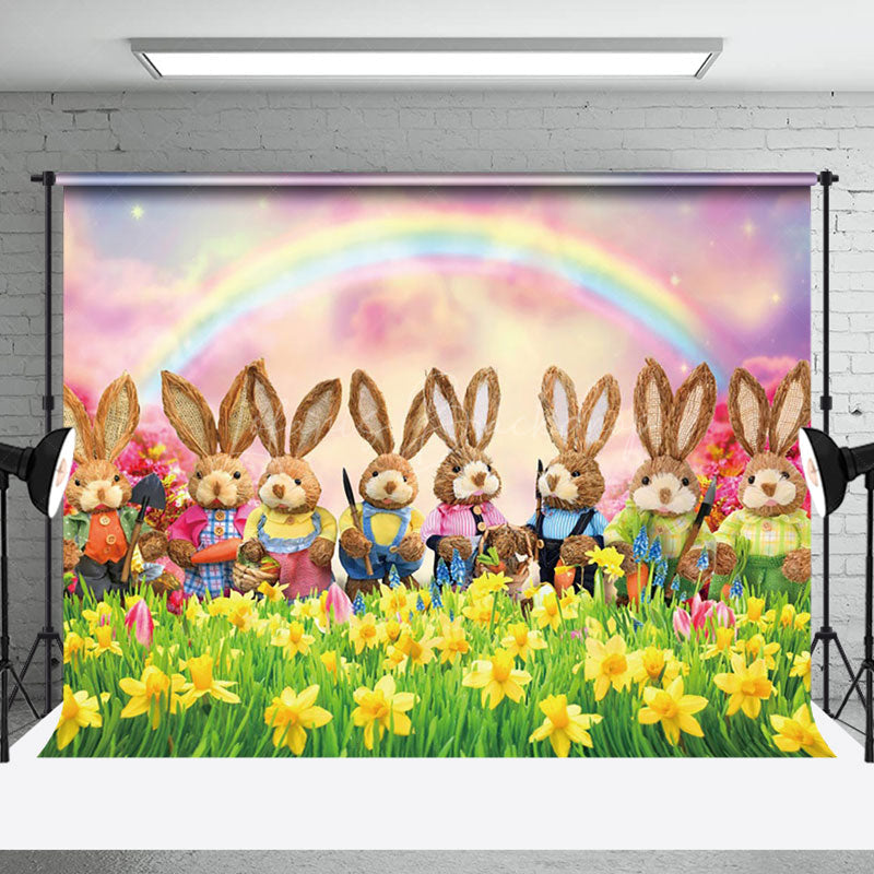 Lofaris Joyful Bunny Gathering Yellow Daisy Meadow Backdrop