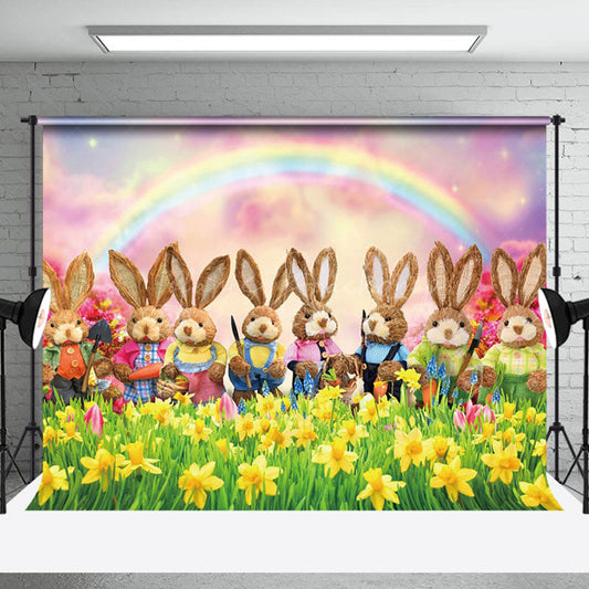 Lofaris Joyful Bunny Gathering Yellow Daisy Meadow Backdrop