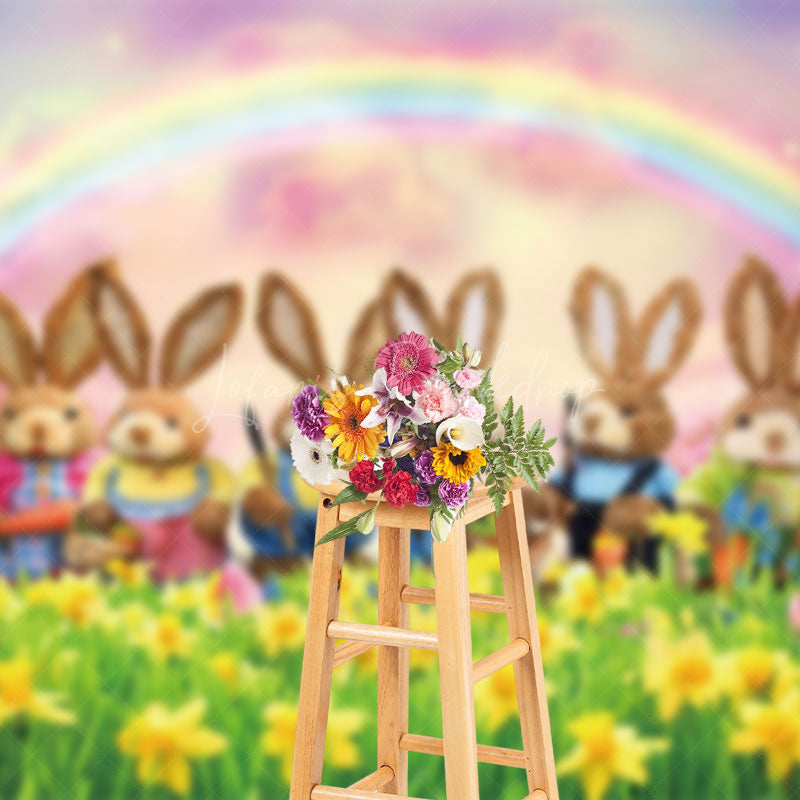 Lofaris Joyful Bunny Gathering Yellow Daisy Meadow Backdrop